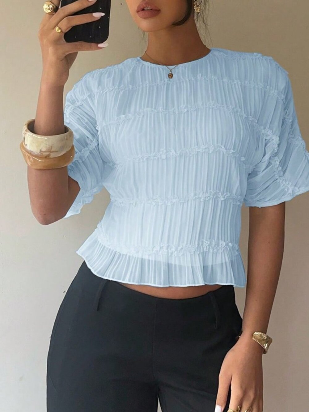 Baby Blue Casual Women's Elegant Baby Multi-Layer Lace Ruffle Crew Neck Blouse - Picture 6 of 7